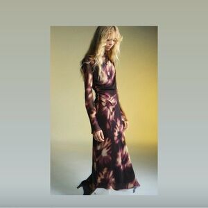 Mango Tie-Dye Ruched Long Sleeve Dress - Purple and Brown